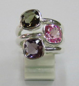 sterling silver Smoky quartz, pink topaz and amethyst rings worn together.