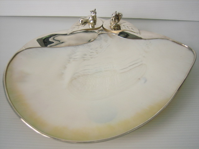 sterling silver Mother-of-Pearl Shell Dish with Silver  Squirrel Figurine