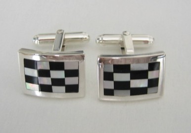 sterling silver Mother of Pearl and Onyx Mosaic Cuff Links/Cufflinks