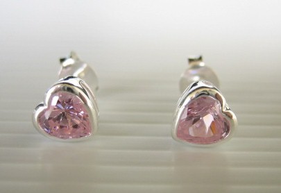sterling silver Heart Shaped Pink Cubic Zirconia Stud Earrings