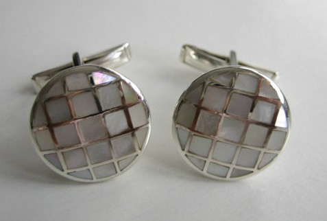 sterling silver Round Mother of Pearl Mosaic Cuff Links/Cufflinks