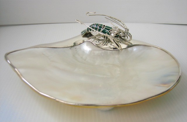 sterling silver Mother-of-Pearl Shell Dish with Silver  Lobster Figurine