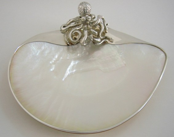 sterling silver Mother of Pearl Shell Dish with Silver Octopus.