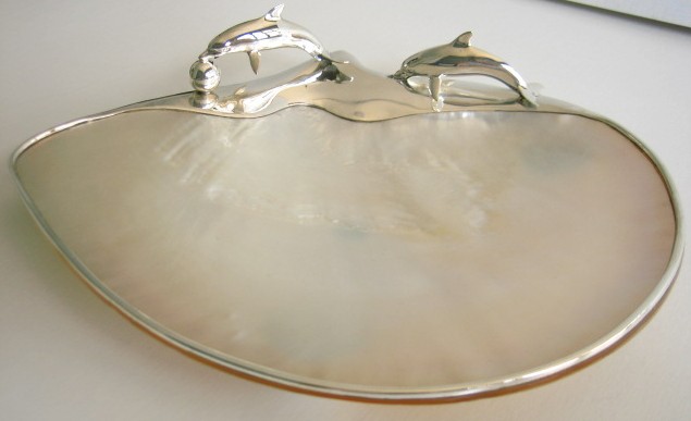 sterling silver Mother of Pearl Shell Dish with Silver Dolphins.